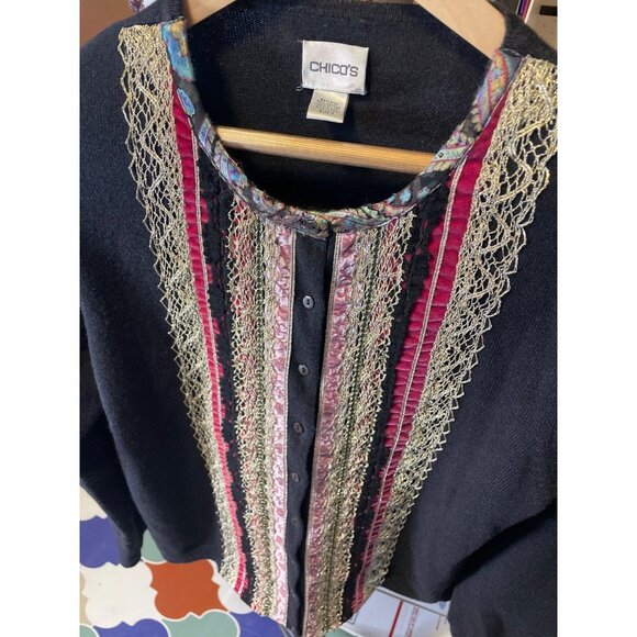 Chico's Silk Blend Black Embroidered Detail Cardigan Sweater Sz XL - Picture 4 of 10